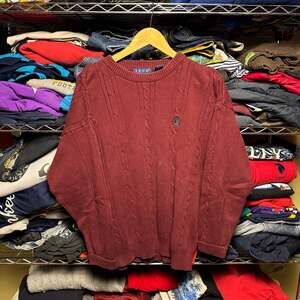 Vintage IZOD Men's Large Maroon Burgundy Cable Knit 100% Cotton Crewneck Sweater